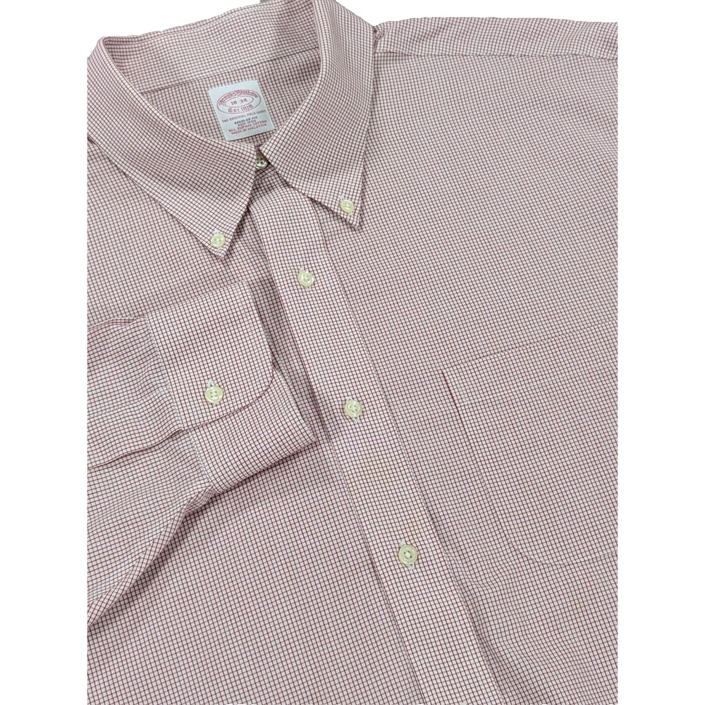 Brooks Brothers Shirt Men's XXL 18 34 Red White Check Non-Iron Regular Fit Pima